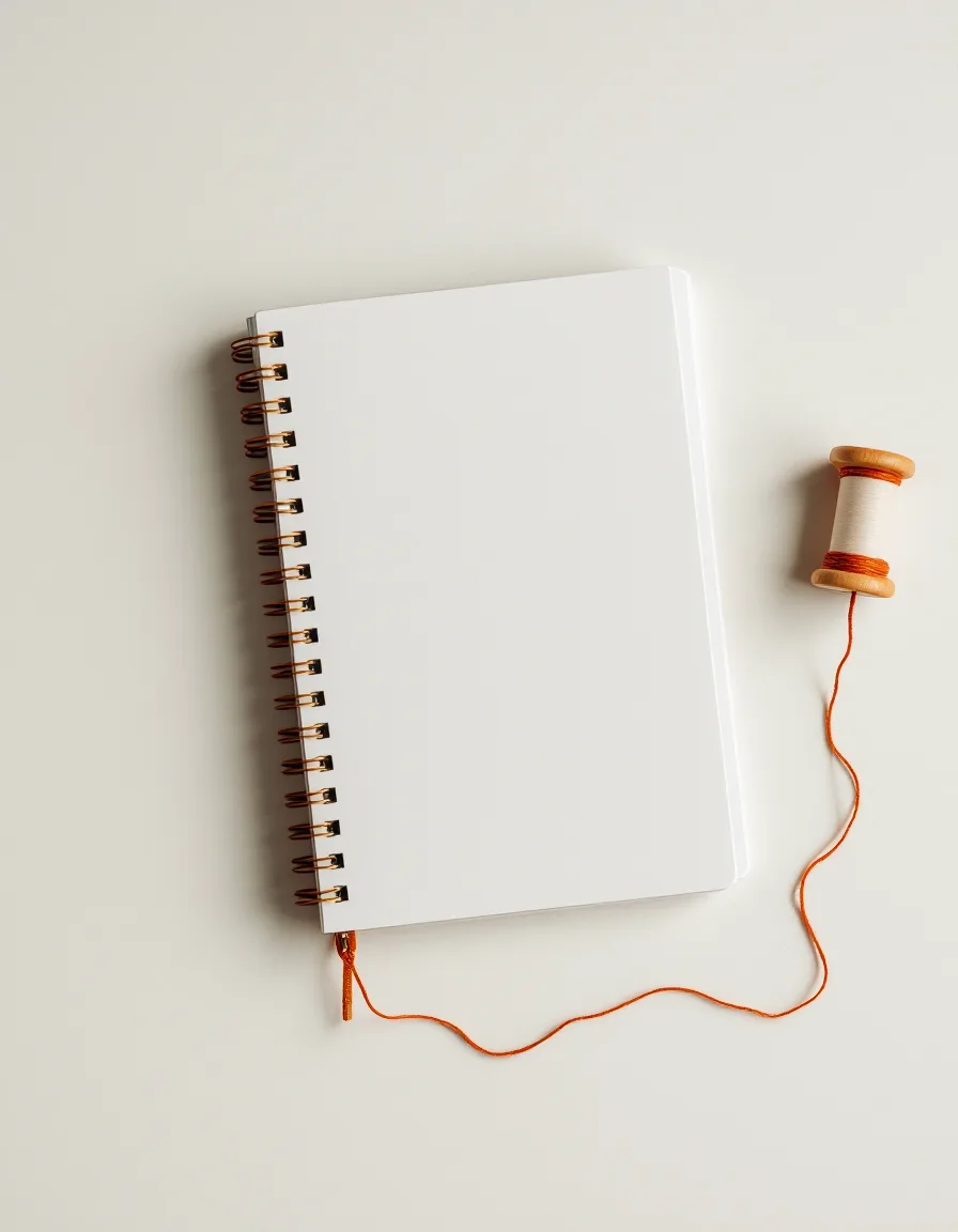 A printed glossary booklet with rust-colored tabs beside a brass zipper pull and a spool of rust thread on a pale stone backdrop.